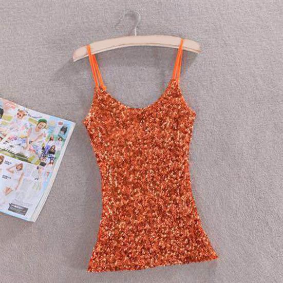 Женский летний жилет, топ с блестящими пайетками, без рукавов, регулируемый ремень-спагетти, облегающий мягкий пуловер, эластичный сверкающий топ на бретелях для выступлений на сцене
