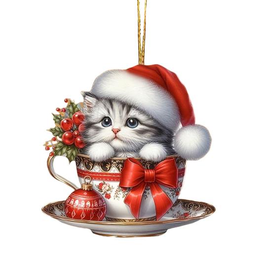 Acrylic Teacup Cat Hanging Ornaments Cute Cartoon Cat Christmas Ornament 2D Flat Car Mirror