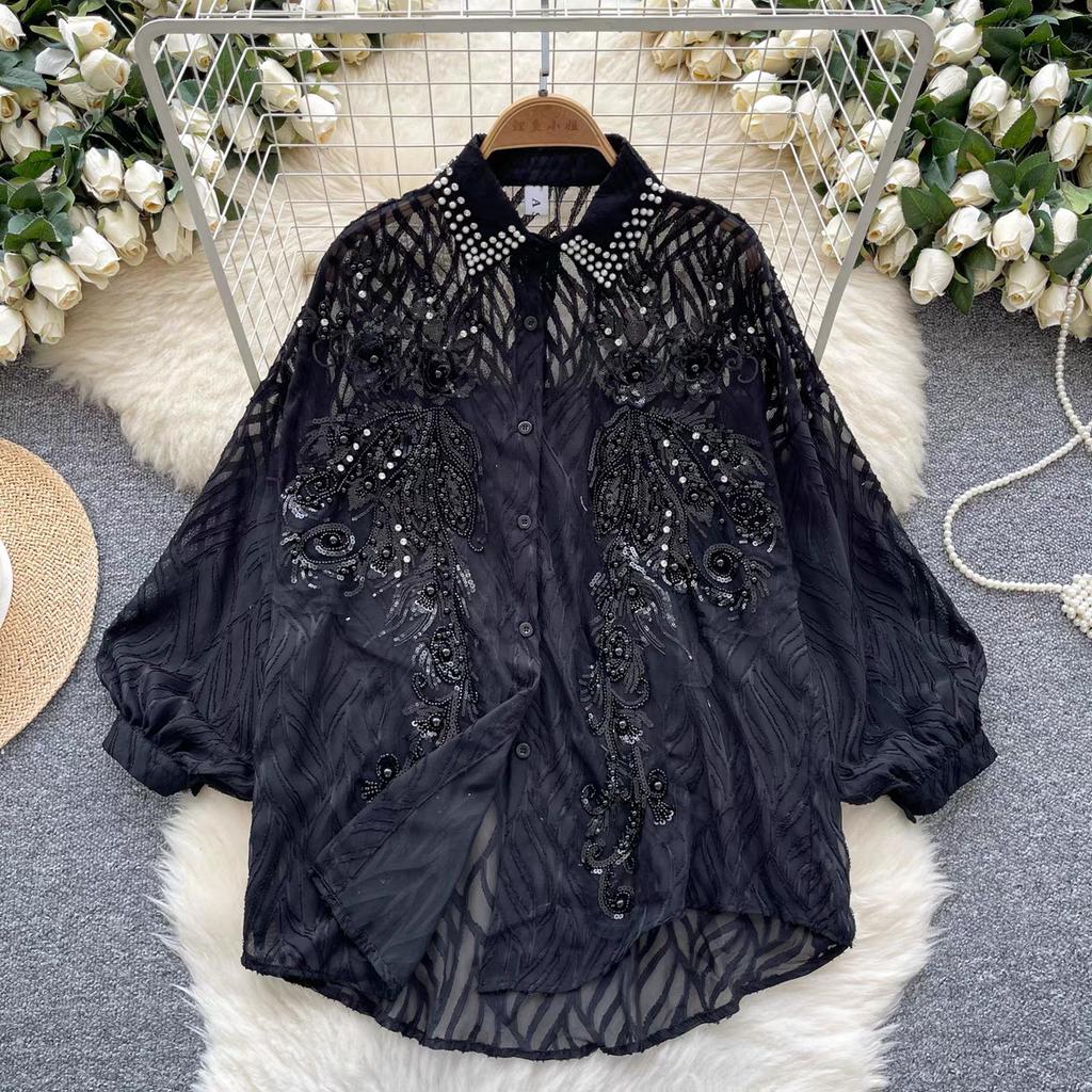 Рубашка женская французская тяжелая промышленность вышивка пайетками инкрустированная бриллиантами универсальная высококачественная рукав-фонарик