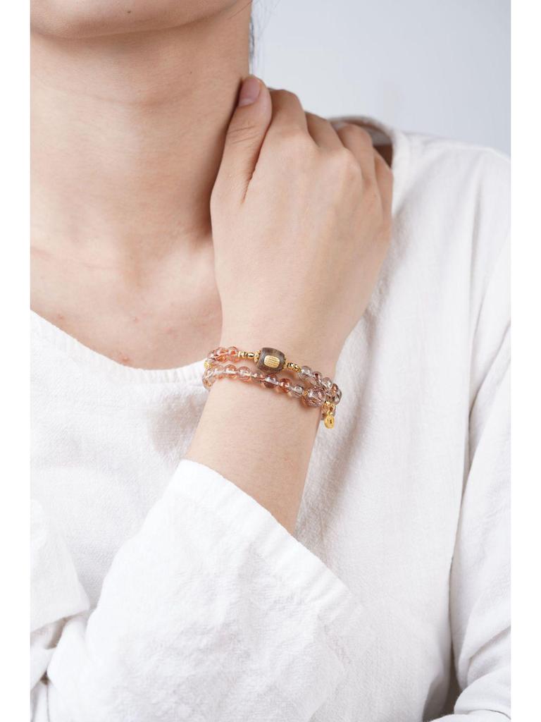 Женский браслет из черного золота с кристаллами Супер Семь, сандаловым деревом и шармом Пиксю, красный рутиловый кварц; Складываются для богатства и удачи.