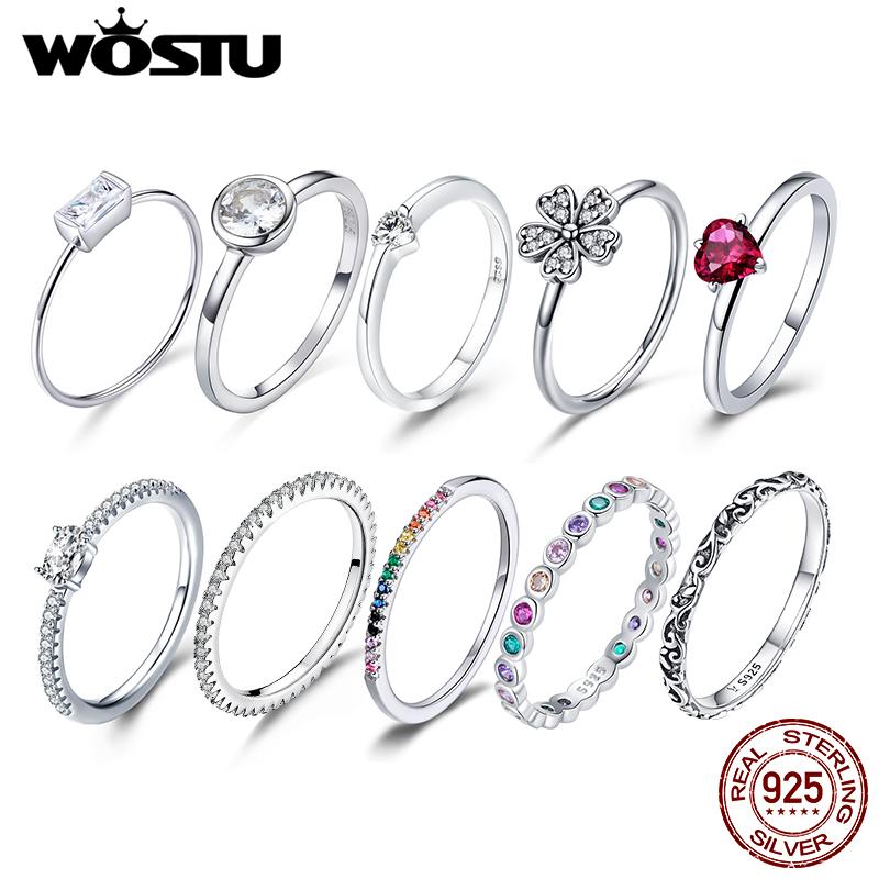 WOSTU Настоящее Серебро 925 Пробы Навсегда Прозрачный Циркон Круглый Кольцо на Палец Женское Свадебное Изящное Ювелирное Изделие Подарок