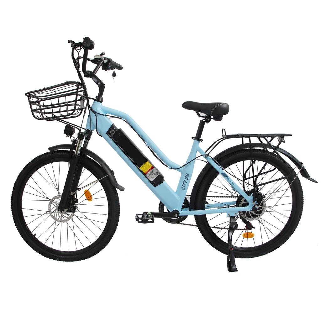 ORLMS City Lady Blue/Black/Grey 500W motor+48V15AH battery 26 * 1.75 inch tires Ximano 7-speed power-off disc brake electric bicycle