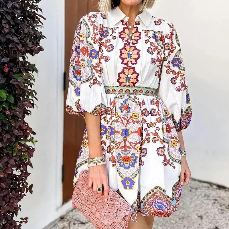 Весенняя женская мода V-образный вырез рукав-фонарик темперамент печать талия тонкие платья