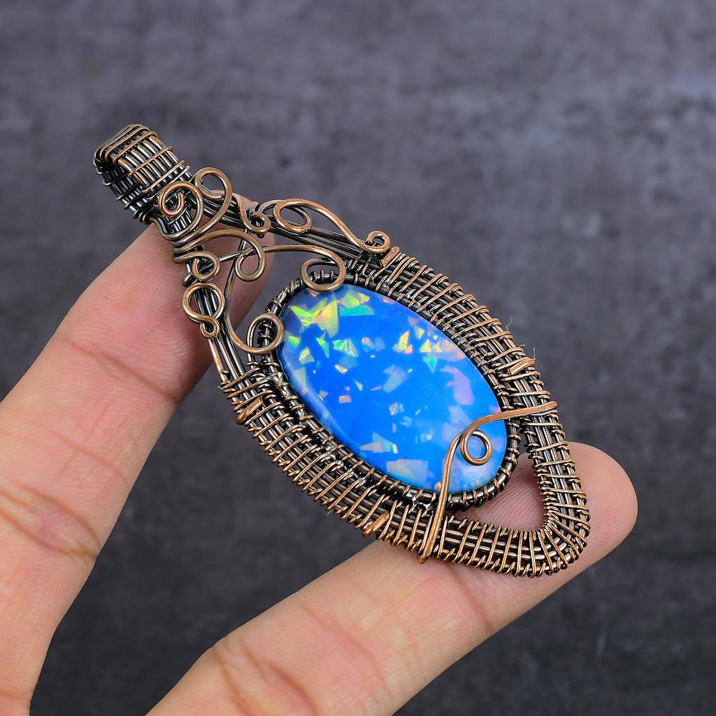 Голубой Триплет Опал Драгоценный камень Ручная работа Медная проволока Оплетка Ювелирная подвеска 3,23" S1O68