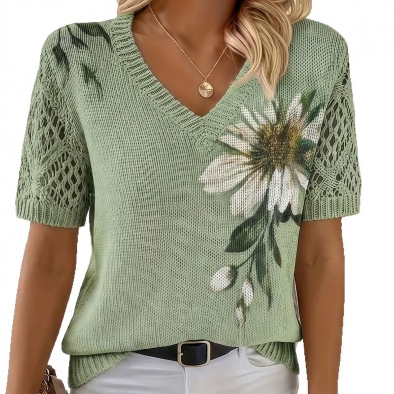 Womens V-Neck Long Sleeve Knit Sweater With 3D Floral Print Boho Chic Lightweight Casual Top