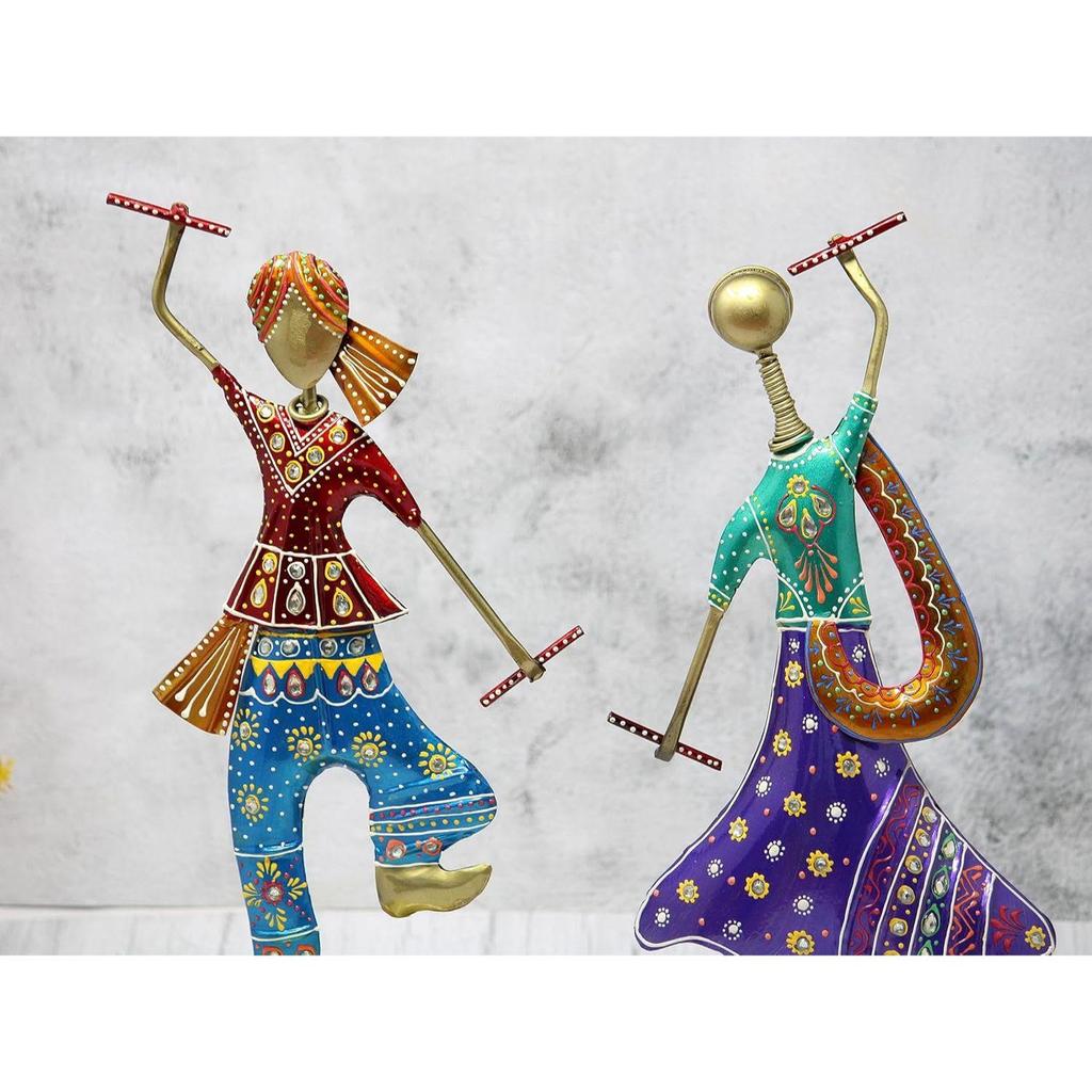 Handmade Handpainted Playing Dandia Couple Rajasthani Handicraft Wrought Iron Emboss Painted Decorative Showpiece Multicolor 12.5 Inch Height, Fantasy
