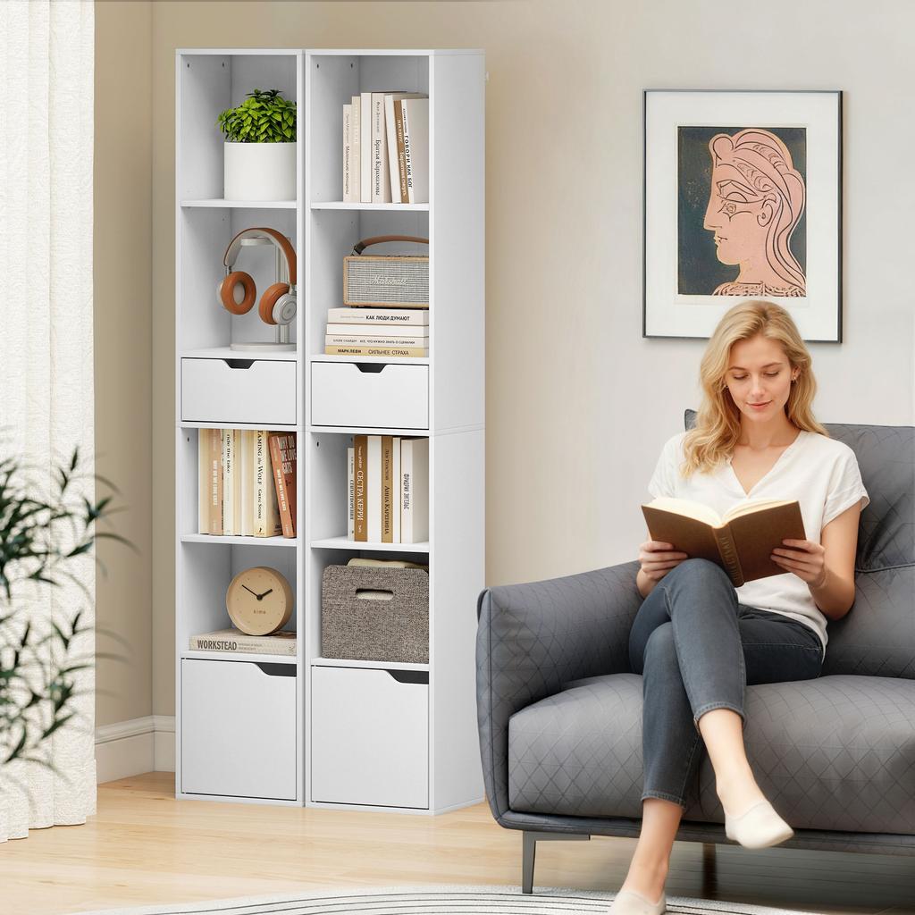 Bookcase Bookshelf, Drawer, Cupboard, Open Compartments, 30 x 24 x 158 cm, White