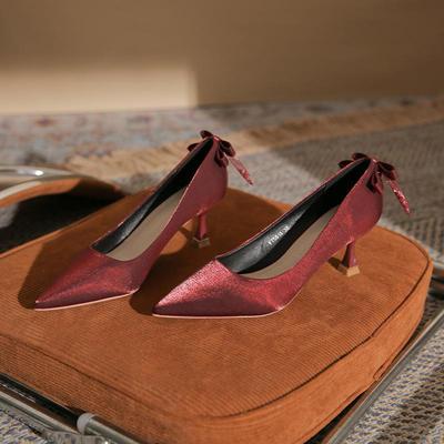 Женские туфли на высоком каблуке с бантом - винно-красный/черный (Коллекция осень/зима)