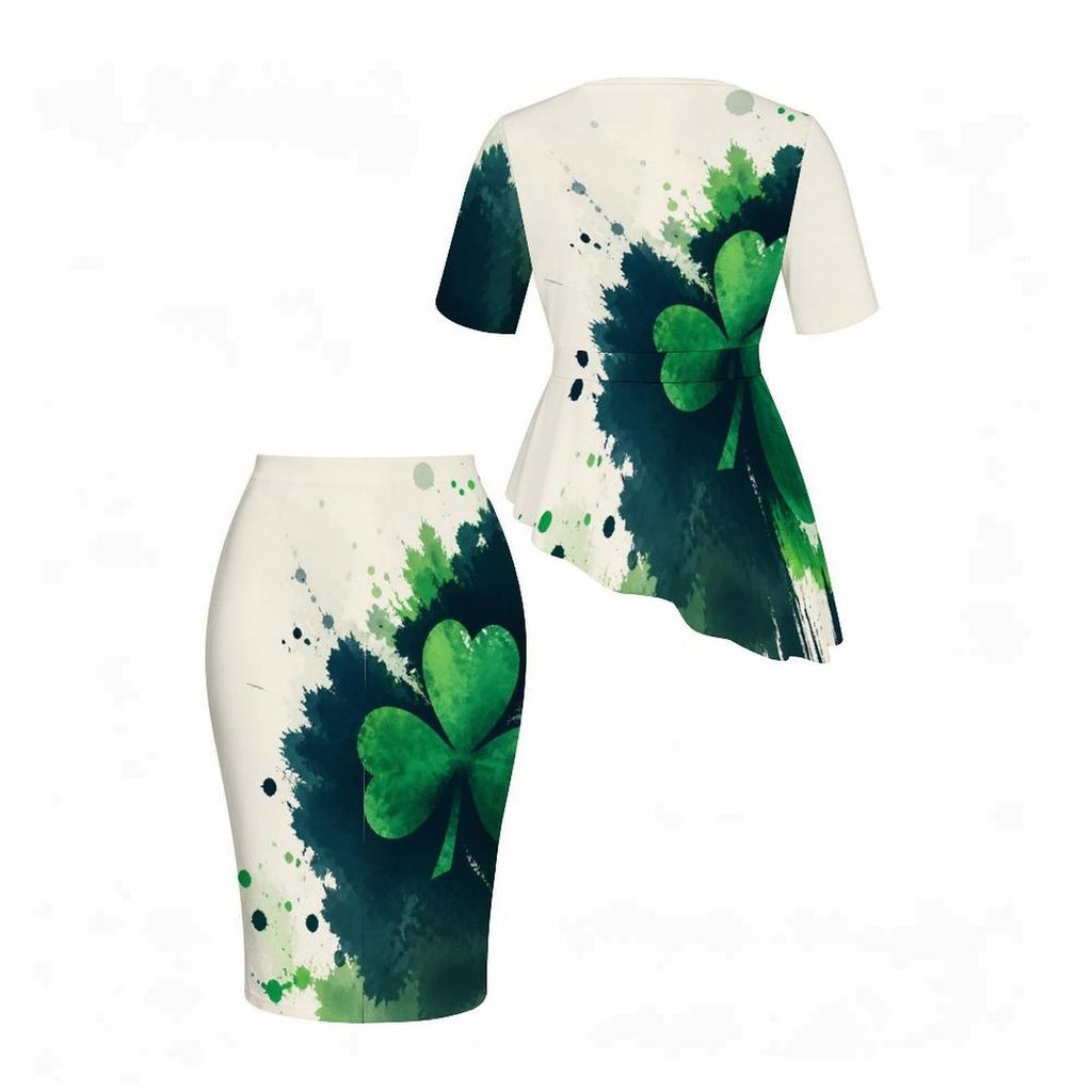 Women Plus Size Round Neck Short Sleeve Clover Printed Asymmetric Top Fitted Skirt Two Piece Set