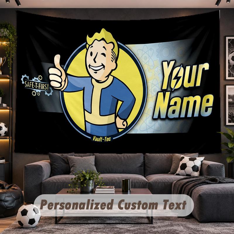 Fallout Vault Boy Personalized Tapestry Support Custom Name, Wall Art Home Decoration