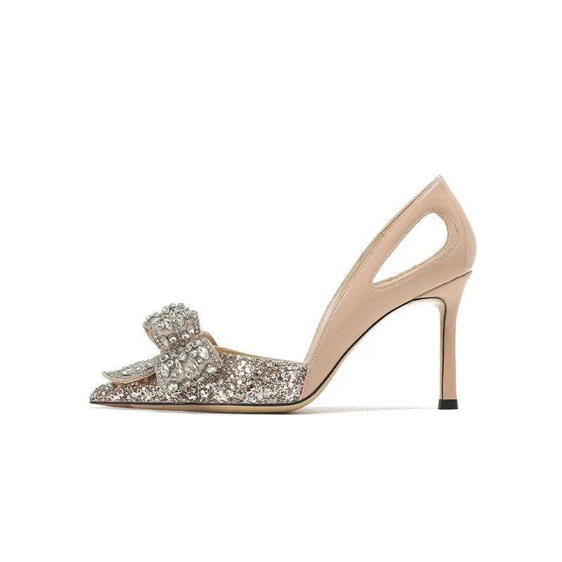 Модные Однобортные Туфли из Овчины Для Женщин 2025 Все Новые Бриллиантовые Бант Французские Высокие Каблуки Для Женщин Шпилька Свадебные Туфли