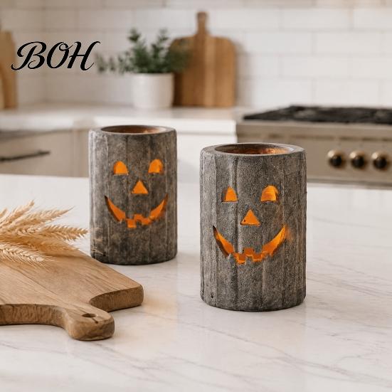 Spooky Halloween Atmosphere Lighting Pumpkin Candle Holder, Resin Hollow Candlestick, Vintage Country Durable Waterproof Statues Style Lantern