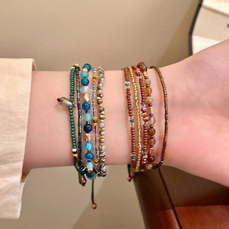 Богемный Экзотический Стиль Браслет из Бусин Ретро Этнический Стиль Плетеный Браслет из Кожи Коровы Нишевый Дизайн Персонализированные Украшения