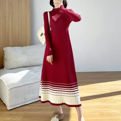 Осень-зима, полуводолазка, женское платье трапециевидной формы с длинным рукавом, женские платья-свитера, женские полосатые длинные вязаные платья, Vestidos