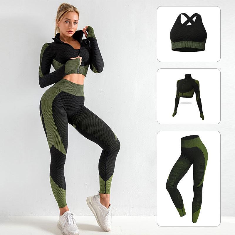 Женский бесшовный трикотажный костюм для йоги: Комплект из 3 предметов осень/зима с подъемом бедра для фитнеса и бега