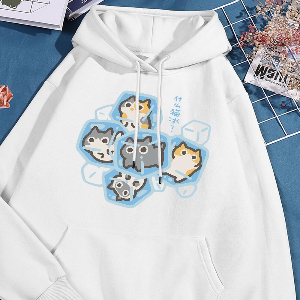 Толстовка с капюшоном Ice Cat Fun Cartoons Cats для мужчин и женщин в стиле Харадзюку, повседневная одежда, свободный свитер в стиле Streetwear, толстовки с капюшоном