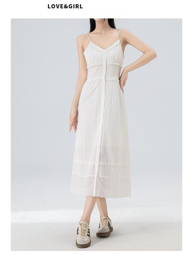 Женское белое летнее платье на подтяжках во французском стиле, новый стиль 2025 года, средней длины, универсальное, простое и элегантное.