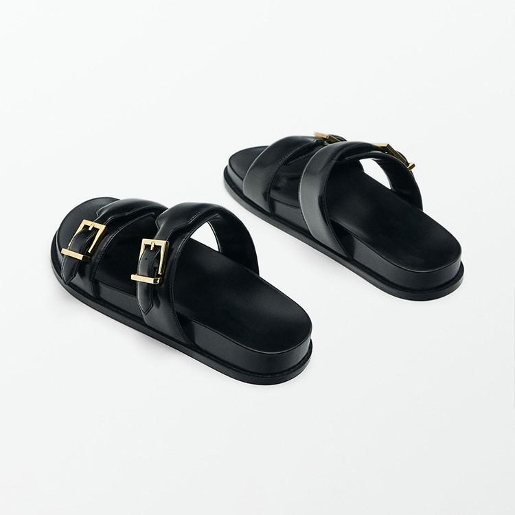 Мода 2024 Черные шлепанцы на плоской подошве для женщин Летние женские модные шлепанцы с ремешком и пряжкой Новые повседневные шикарные домашние сандалии на платформе