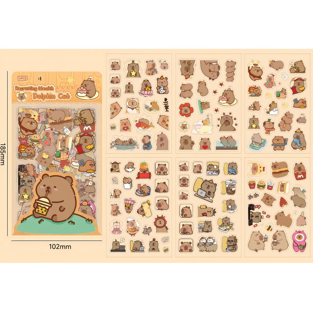 6Sheets/pack Transparent Cute Cartoon Capybara Stickers Kawaii Kids Decals Toys Waterproof DIY Diary Stationery School Supplies