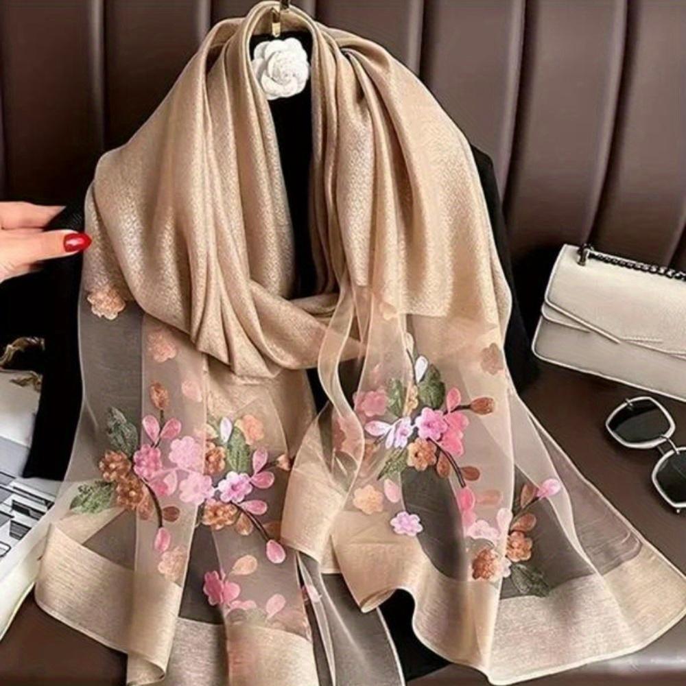 Элегантный шелковый шарф с цветочной вышивкой для женщин, стильная пляжная шаль с бисерной отделкой для защиты от солнца, богемный ветрозащитный маст-хэв