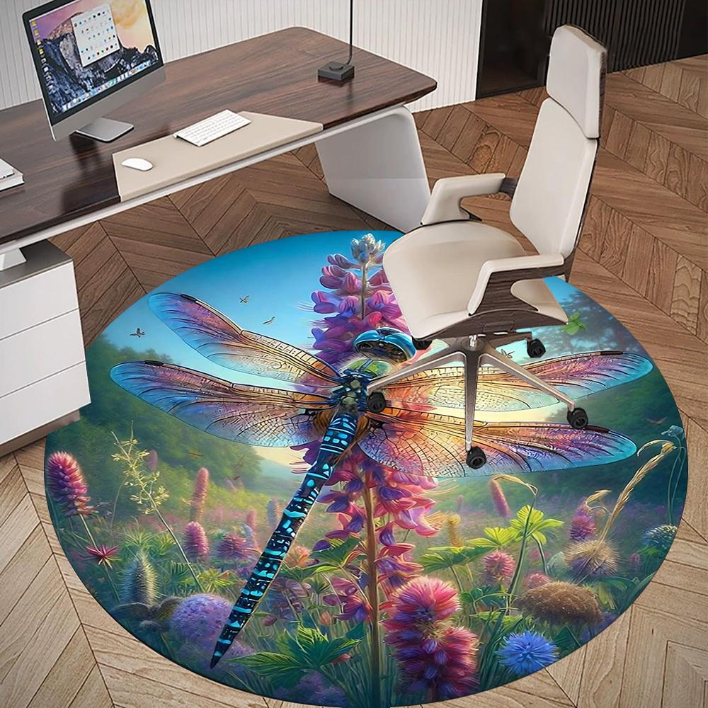 1pc Dragonfly Wildflowers Round Chair mat Area Rug - Non-Slip, Floor Mat for Office, Bedroom, home decor Christmas Gift-1002333