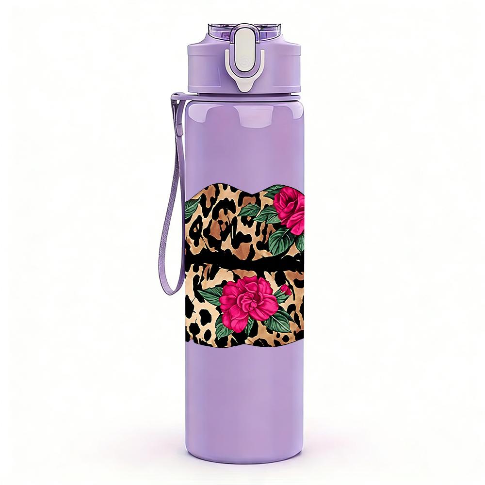 1PC Leopard Lips Rose Graphic,750ml Color Plastic Sports Water Bottle,Leakproof Flip Straw Lid,Suitable for Sports Office Home Use