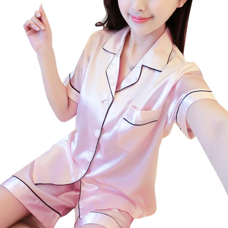 Women's Satin Pajamas Pocket Lapel Nightgown Pyjama Nightwear Short Sleeve Loungewear
