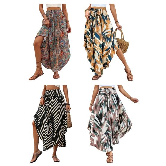 Юбка макси в стиле бохо, регулируемая завязка на шнурке, высокая талия, струящаяся юбка-трапеция с широким подолом, повседневная одежда