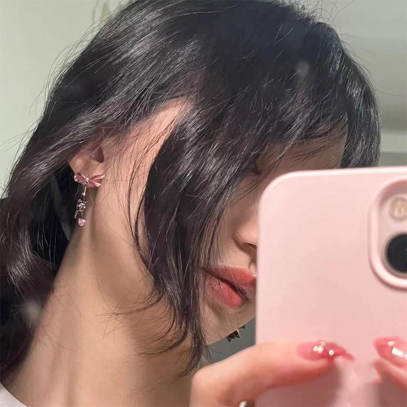Cute Pink Bow Pink Heart Black Cat Dangle Earrings for Women Sweet Creative Funny Trend Jewelry AVE