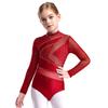 Girls Figure Skating Leotard Sparkling Rhinestones Sheer Mesh Long Sleeves Cutout Back Design Gymnastics Competition Costume