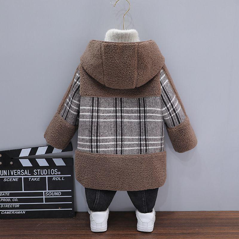 Шерстяное пальто для мальчиков с зимней флисовой клеткой, детское хлопковое пальто, повседневное шерстяное пальто для детей 6-12 лет