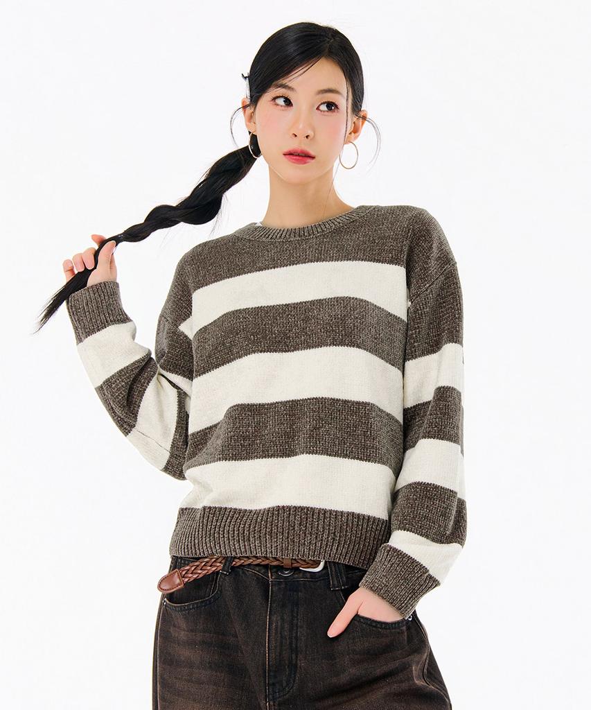 CHASECULT Women'S Striped Round Sweater - Brown
