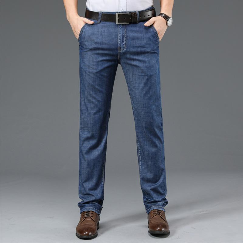 Высококачественные мужские тонкие джинсы из тенселя, классические модные деловые повседневные свободные прямые джинсовые брюки, мужские эластичные брендовые брюки
