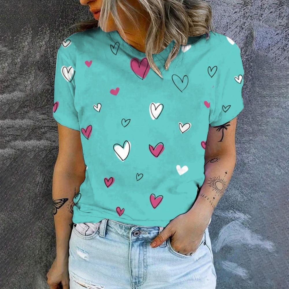 Женская футболка, модная розовая футболка с принтом в виде сердца, женская футболка для отдыха с коротким рукавом, популярная футболка лета 2024 года