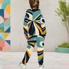 Girls Geometric Printed Red Black White Hooded Long Sleeve Kangaroo Pocket Two Piece Pants Set