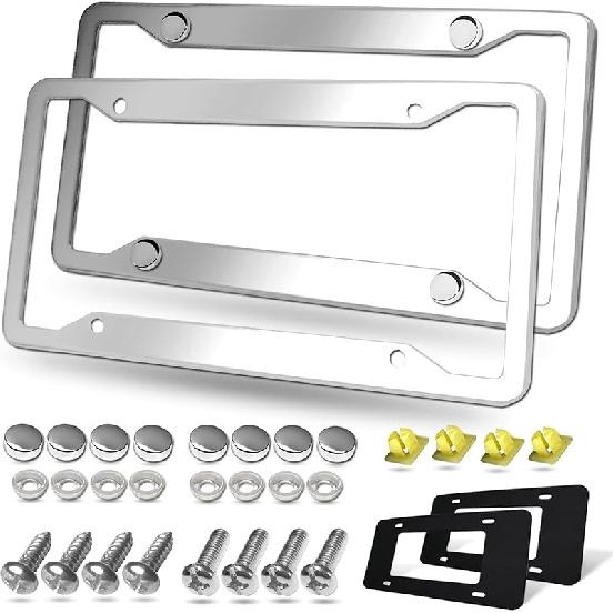 BGGTMO Stainless Steel License Plate Frames- 2 Pack Heavy Duty Polished Mirror Car Tag Cover With Chrome Screws Caps, 4 Holes Front & Rear Holders