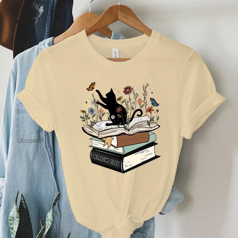 Футболка с принтом «Кошка с книгой» Футболка унисекс с цветочным принтом и принтом «Полевые цветы» Футболка с короткими рукавами для летних любителей книг Литература FeУнисекс Топы Топы унисекс