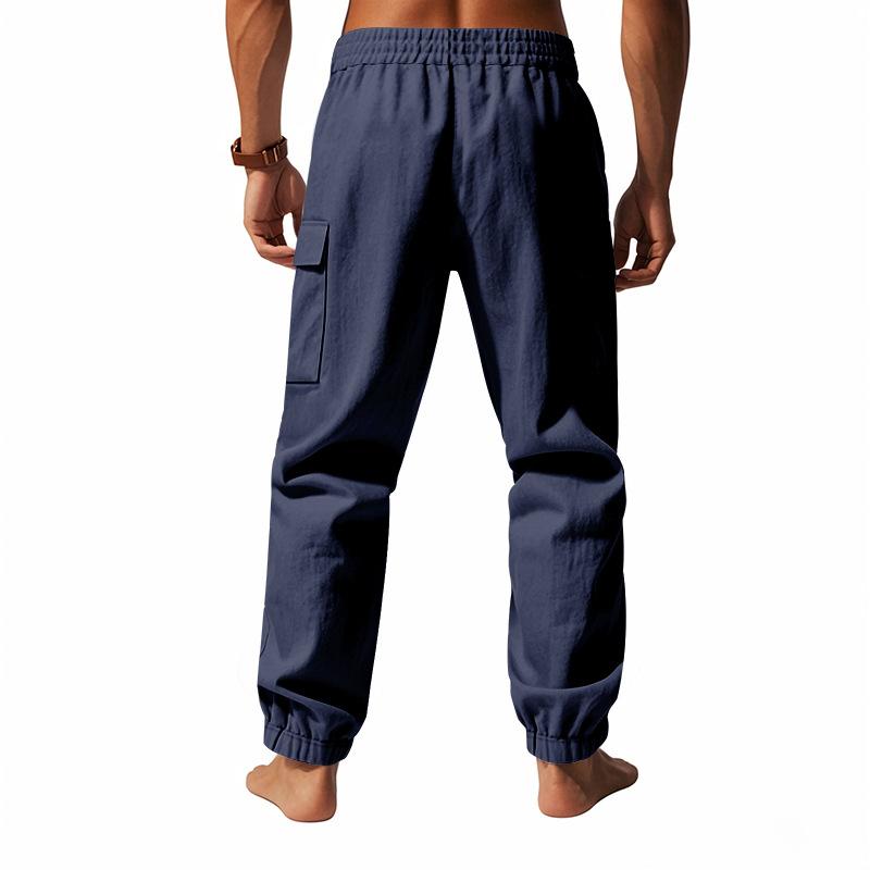 Men's Linen Casual Pants, American Style Wide Leg Outdoor Sports Jogger Cargo Trousers for Spring Autumn