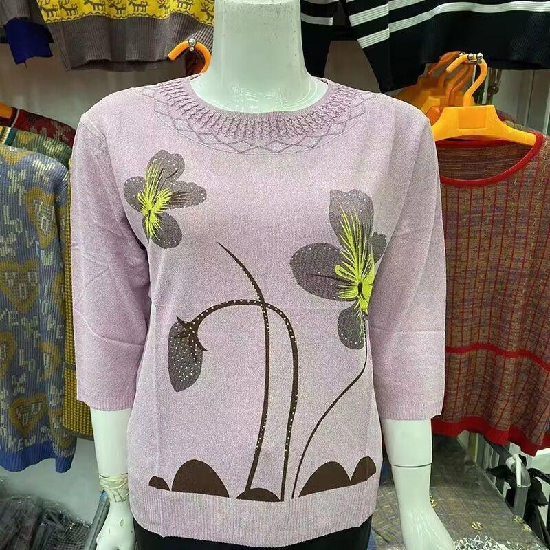 Spring Summer Women's Ice Silk Plus-Size Sweater Thin Round Neck Loose-Fit Printed Pullover Sweater 3/4sleeve Knitwear