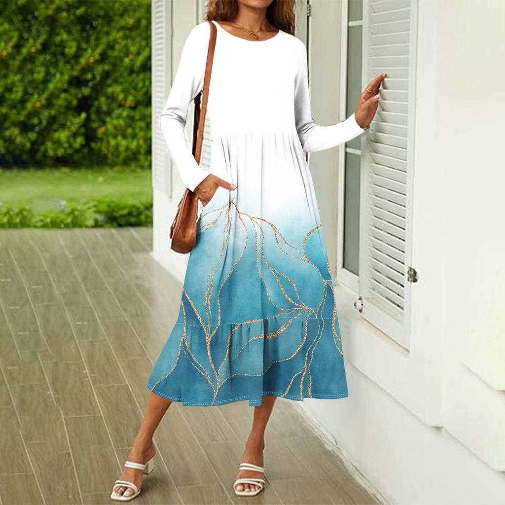 Женское повседневное платье с принтом, весна-осень, карман, круглый вырез, длинные рукава, платья