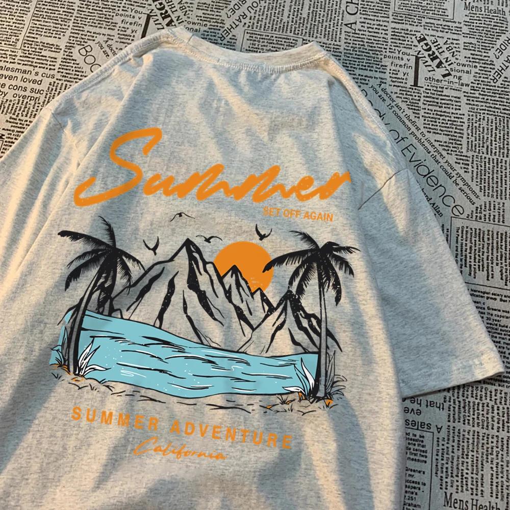 Летнее приключение Закат Кокосовая пальма Горная живописная местность Футболка Мужская Женская Хип-хоп Хлопковые топы Пара Оверсайз Футболки Пара