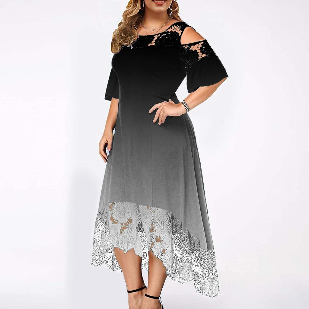 Plus Size Fashion Gradient Print Womens Lace Stitching Ruffle Short-Sleeved Strapless Sheath Dress