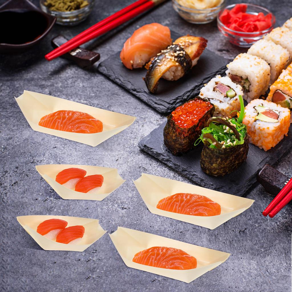 100 шт. деревянные каяки, пищевые лодки, контейнеры для суши, подносы, бамбуковые тарелки для сашими