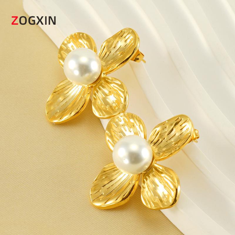Французские ретро серьги из нержавеющей стали с жемчугом и золотыми лепестками для женщин - Европейский и американский стиль