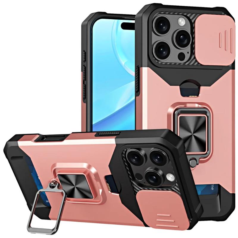 Ударопрочный тяжелый жесткий чехол с металлической подставкой и слотом для карт для iPhone 16 Pro Max 15 Pro Max 14 Pro Max