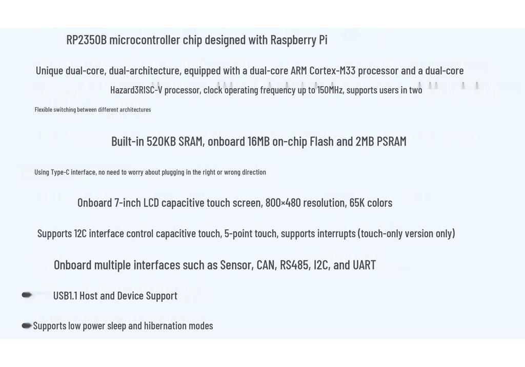RP2350 7-Inch LCD Development Board, 800x480 Resolution, 65K Colors, Dual-Core, Dual-Frame