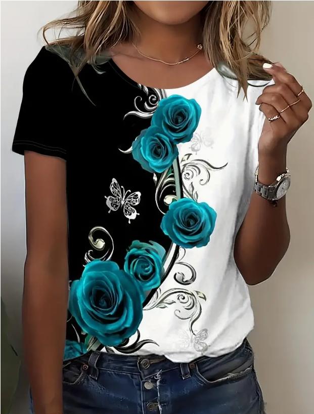 Модная женская простая и красивая трехмерная футболка с принтом розы, забавная повседневная футболка с круглым вырезом и короткими рукавами, летняя женская футболка