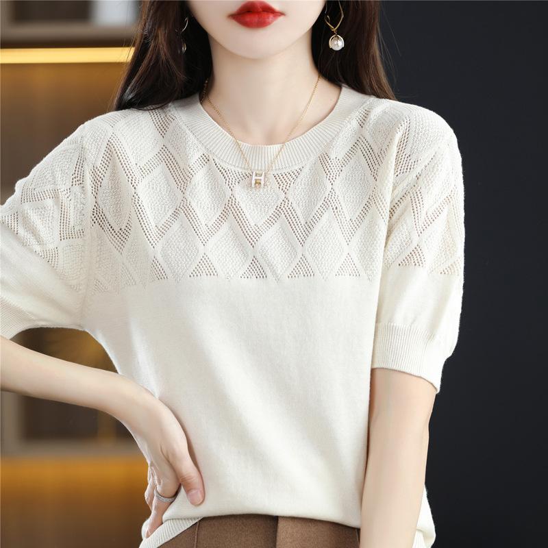 Летняя новинка с круглым вырезом, простая и ажурная, с короткими рукавами, свободная, повседневная, трикотажная, с коротким рукавом