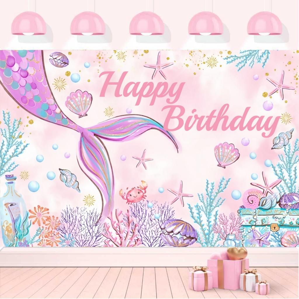 Mermaid Theme Happy Birthday Background Pink Purple Kids Girls Birthday Party Banner Decoration Home Photography Backdrop New