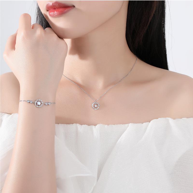 925 Sterling Silver Moonstone Feather Jewelry Set Necklace Earrings Bracelet Women Wedding Anniversary Gift Factory